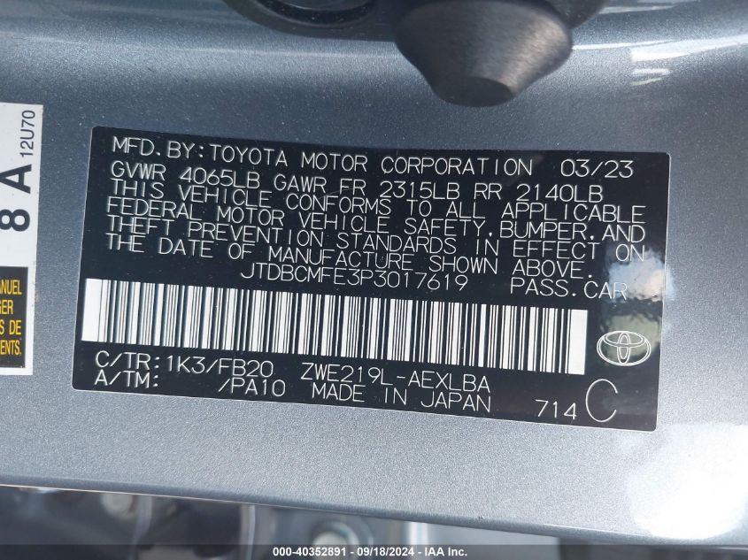 2023 TOYOTA COROLLA HYBRID LE - JTDBCMFE3P3017619