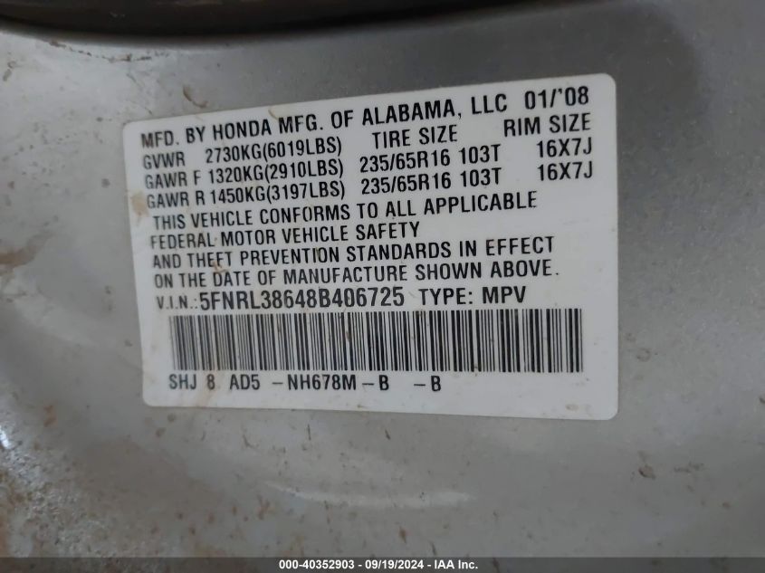 5FNRL38648B406725 2008 Honda Odyssey Ex-L