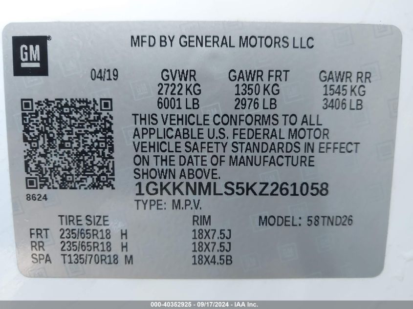 1GKKNMLS5KZ261058 2019 GMC Acadia Slt-1