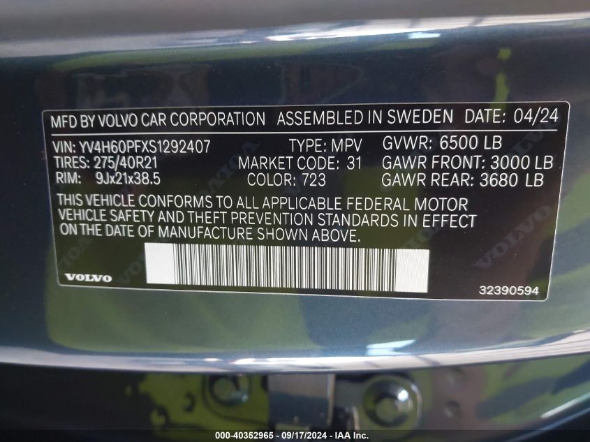 2025 Volvo Xc90 Plug-In Hybrid Ultra VIN: YV4H60PFXS1292407 Lot: 40352965