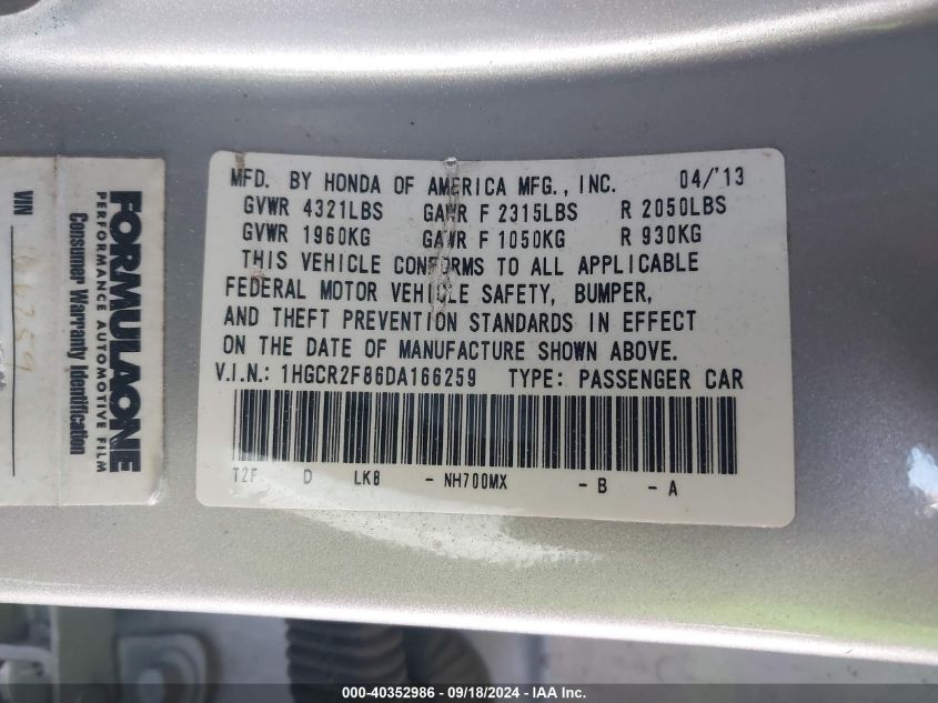 1HGCR2F86DA166259 2013 Honda Accord Ex-L