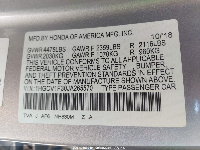 1HGCV1F30JA265570 2018 Honda Accord Sport