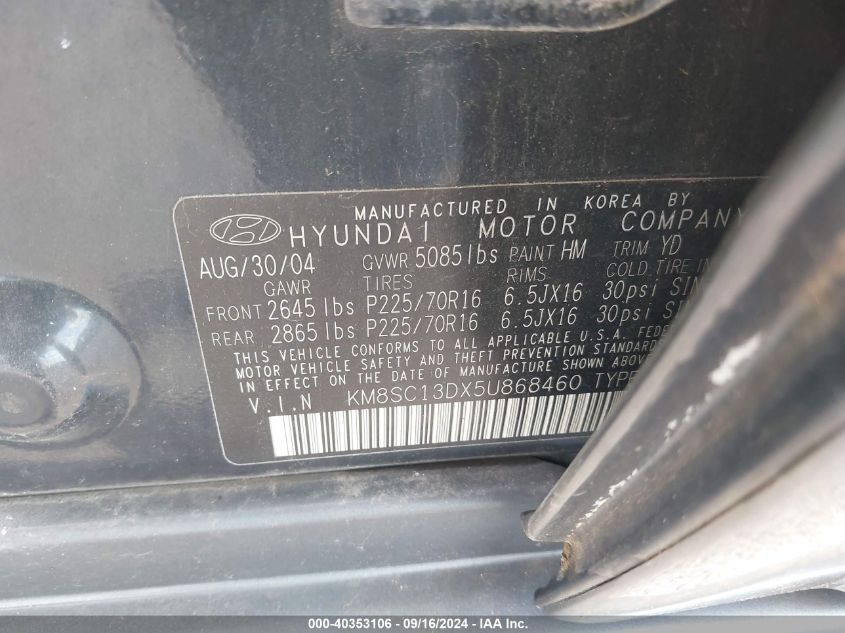 2005 Hyundai Santa Fe Gls/Lx VIN: KM8SC13DX5U868460 Lot: 40353106