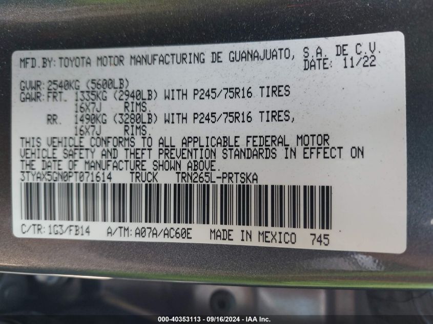 2023 Toyota Tacoma Sr VIN: 3TYAX5GN0PT071614 Lot: 40353113