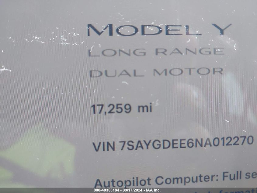 7SAYGDEE6NA012270 2022 Tesla Model Y