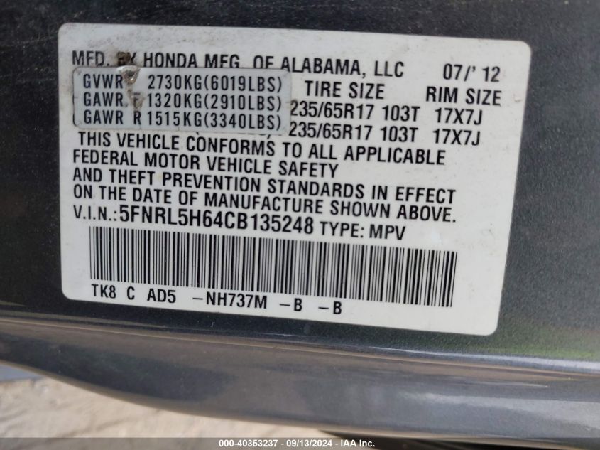 2012 Honda Odyssey Ex-L VIN: 5FNRL5H64CB135248 Lot: 40353237