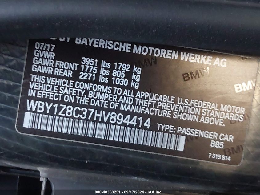 2017 BMW I3 94 Ah W/Range Extender VIN: WBY1Z8C37HV894414 Lot: 40353251