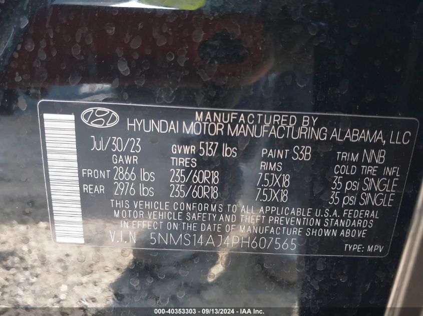 2023 Hyundai Santa Fe Se VIN: 5NMS14AJ4PH607565 Lot: 40353303