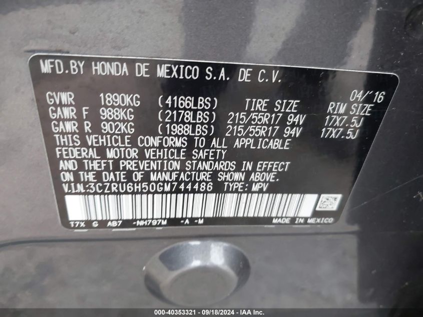 3CZRU6H50GM744486 2016 Honda Hr-V Ex