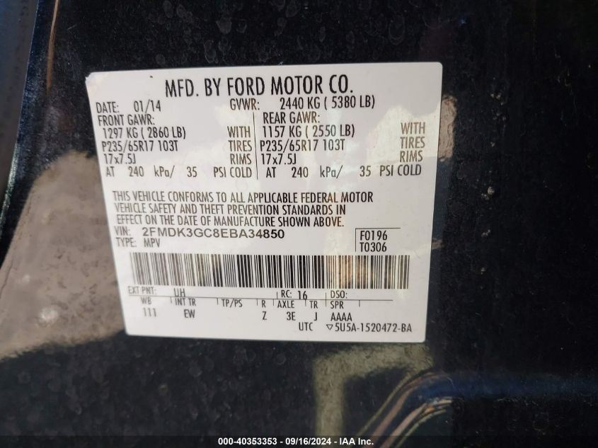 2014 Ford Edge Se VIN: 2FMDK3GC8EBA34850 Lot: 40353353