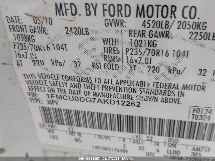 1FMCU0DG7AKD12262 2010 Ford Escape Xlt