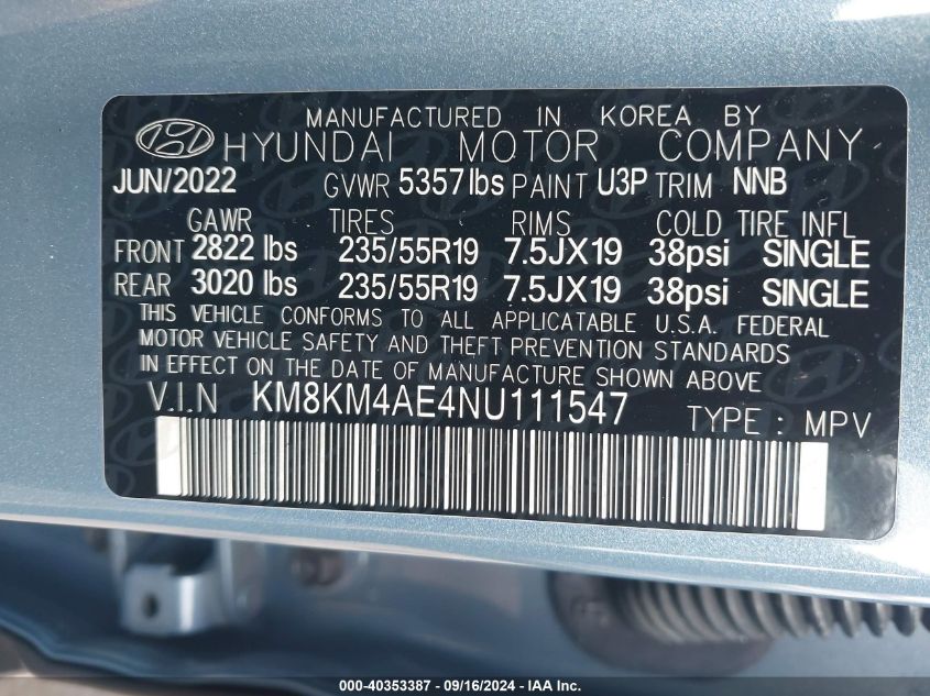 KM8KM4AE4NU111547 2022 Hyundai Ioniq 5 Se