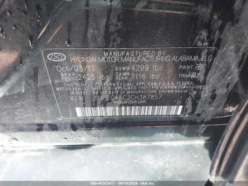 5NPEC4AC3CH387857 2012 Hyundai Sonata Se