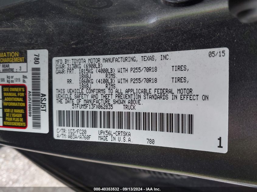 2015 Toyota Tundra Sr5 4.6L V8 VIN: 5TFUM5F13FX062835 Lot: 40353532