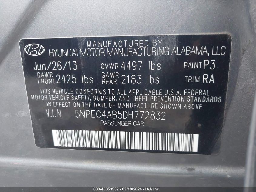 5NPEC4AB5DH772832 2013 Hyundai Sonata Se 2.0T