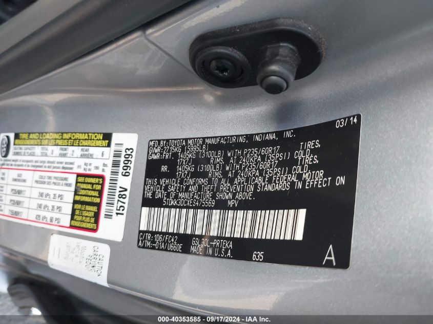 5TDKK3DCXES475569 2014 Toyota Sienna Le V6 8 Passenger