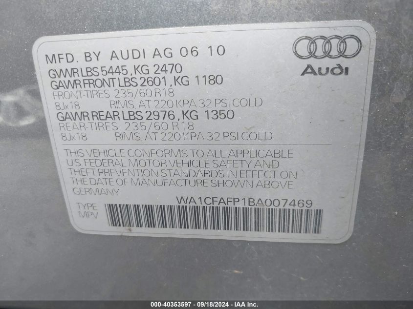 2011 Audi Q5 2.0T Premium VIN: WA1CFAFP1BA007469 Lot: 40353597