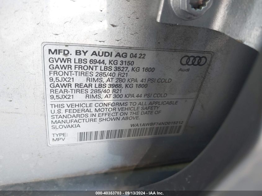 WA1AWBF74ND015212 2022 Audi Sq7 Premium Plus Tfsi Quattro Tiptronic