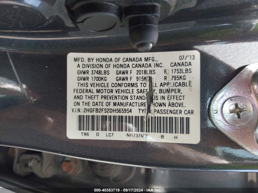 2HGFB2F52DH565954 2013 Honda Civic Lx