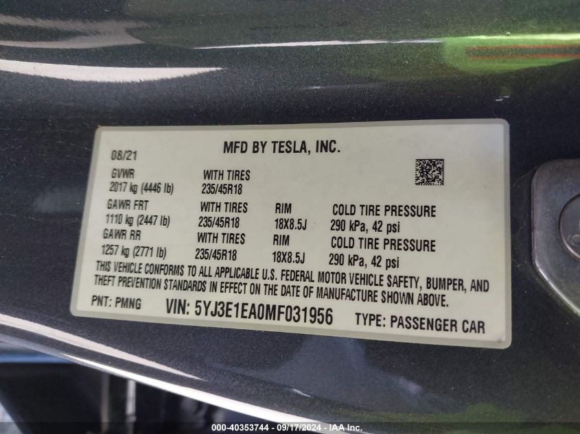 2021 Tesla Model 3 Standard Range Plus Rear-Wheel Drive VIN: 5YJ3E1EA0MF031956 Lot: 40353744