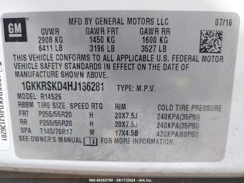 1GKKRSKD4HJ136281 2017 GMC Acadia Limited