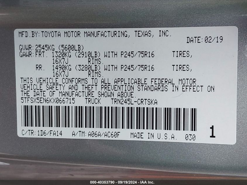 2019 Toyota Tacoma Access Cab/Sr/Sr5 VIN: 5TFSX5EN6KX066715 Lot: 40353790