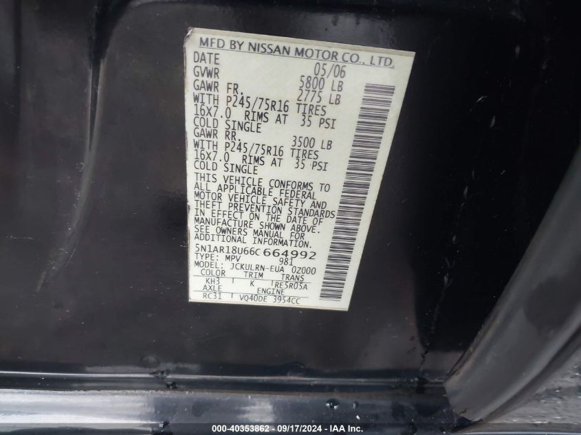 5N1AR18U66C664992 2006 Nissan Pathfinder S