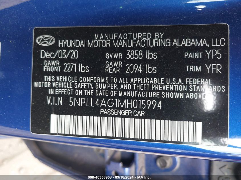 2021 Hyundai Elantra Se VIN: 5NPLL4AG1MH015994 Lot: 40353958