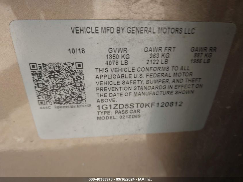 1G1ZD5ST0KF120812 2019 Chevrolet Malibu Lt