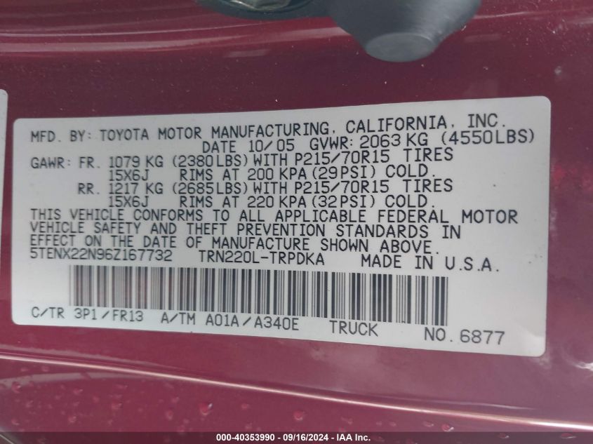 2006 Toyota Tacoma VIN: 5TENX22N96Z167732 Lot: 40353990