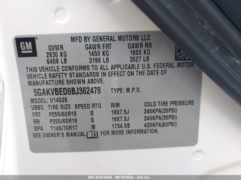 5GAKVBED8BJ362478 2011 Buick Enclave 1Xl