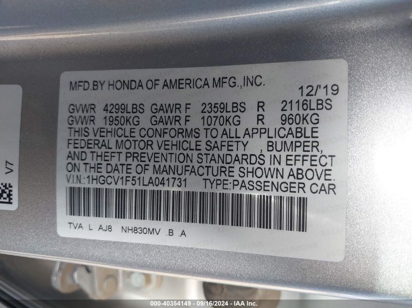 1HGCV1F51LA041731 2020 Honda Accord Exl