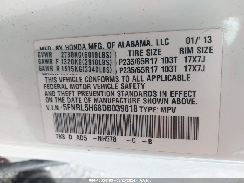 2013 Honda Odyssey Ex-L VIN: 5FNRL5H68DB039818 Lot: 40354169