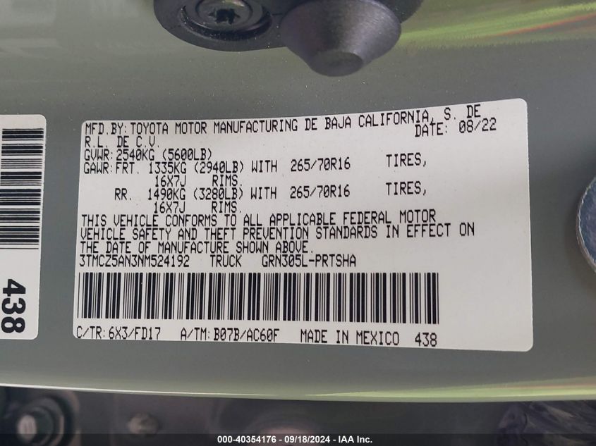 2022 Toyota Tacoma Double Cab/Sr/Sr5/Trd Sport/Trd Off Road/Trd Pro VIN: 3TMCZ5AN3NM524192 Lot: 40354176