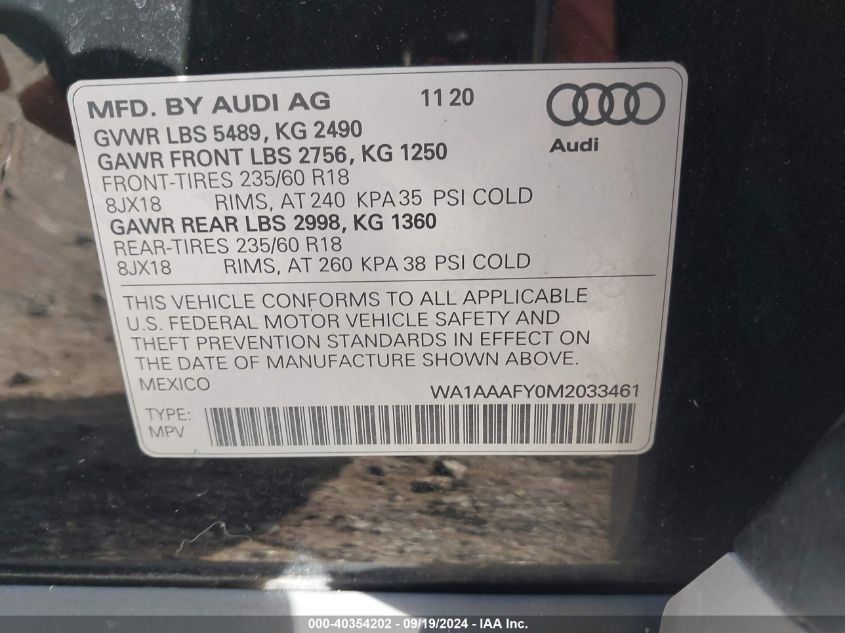 2021 Audi Q5 Premium 45 Tfsi Quattro S Tronic VIN: WA1AAAFY0M2033461 Lot: 40354202