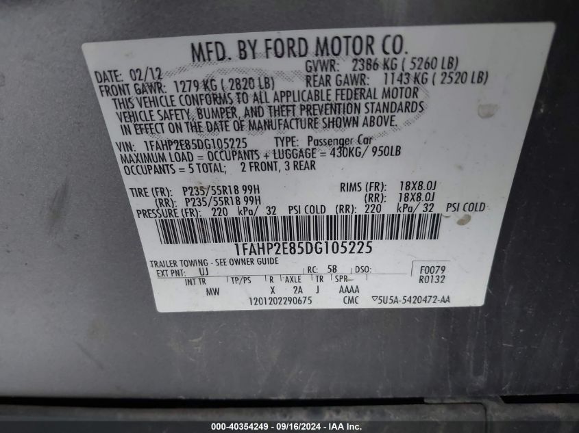 2013 Ford Taurus Sel VIN: 1FAHP2E85DG105225 Lot: 40354249