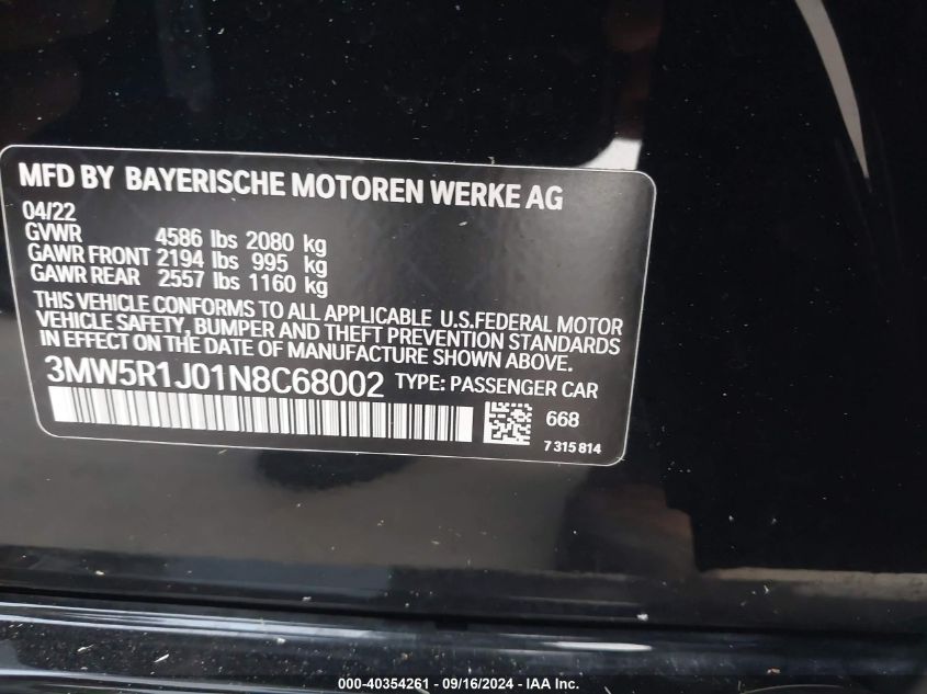 3MW5R1J01N8C68002 2022 BMW 330I