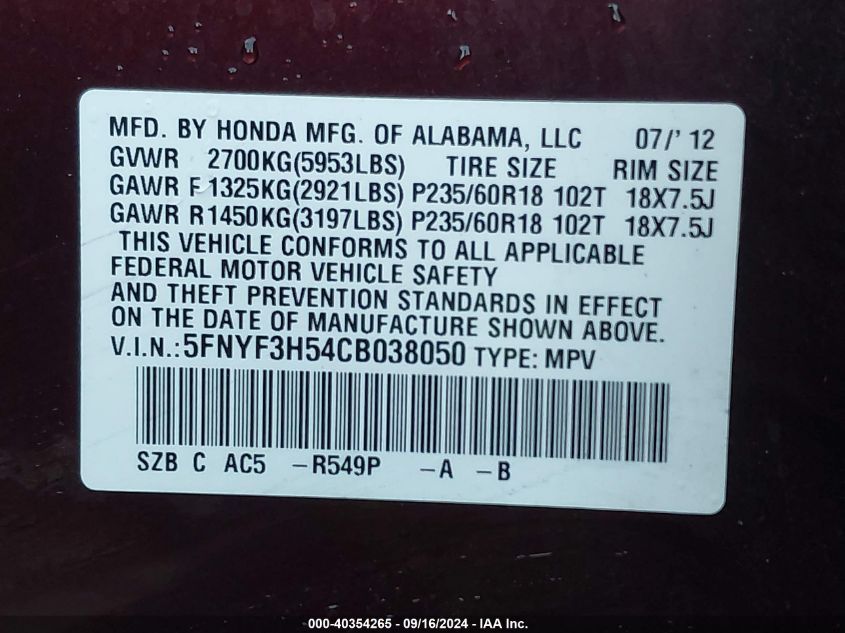 2012 Honda Pilot Ex-L VIN: 5FNYF3H54CB380050 Lot: 40354265