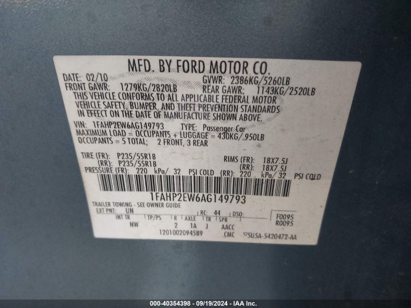 1FAHP2EW6AG149793 2010 Ford Taurus Sel