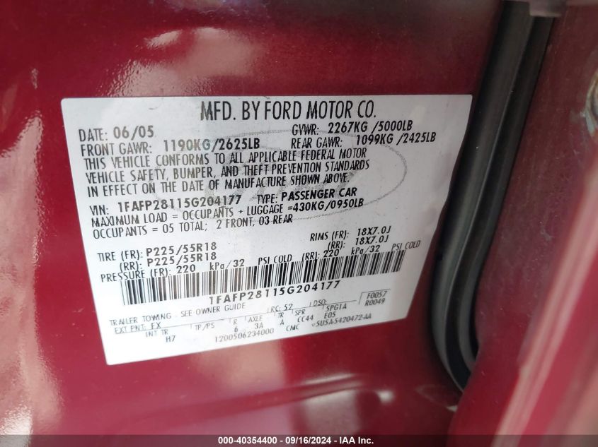 1FAFP28115G204177 2005 Ford Five Hundred Limited