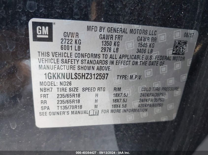 1GKKNULS5HZ312597 2017 GMC Acadia Slt-1