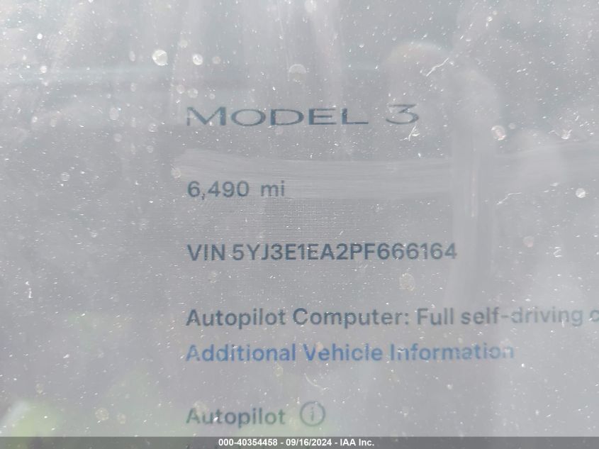 2023 Tesla Model 3 Rear-Wheel Drive VIN: 5YJ3E1EA2PF666164 Lot: 40354458