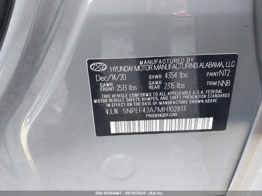 2021 Hyundai Sonata Sel VIN: 5NPEF4JA7MH102813 Lot: 40354461