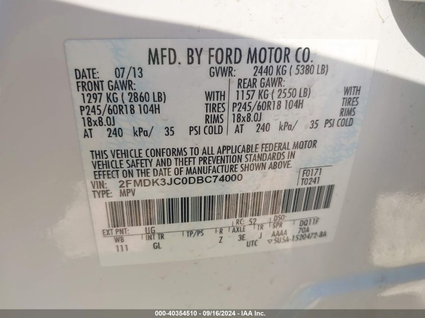 2013 Ford Edge Sel VIN: 2FMDK3JC0DBC74000 Lot: 40354510