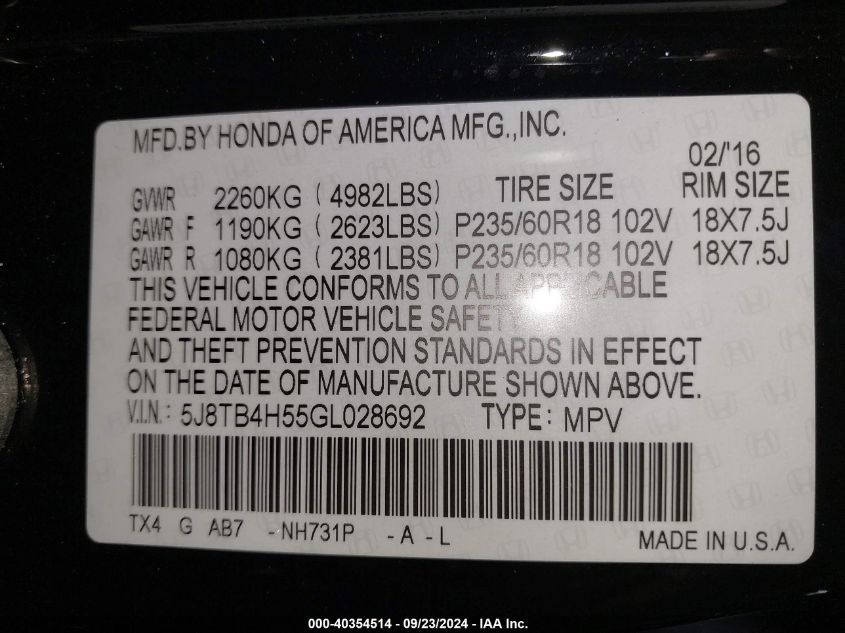 5J8TB4H55GL028692 2016 Acura Rdx Technology Acurawatch Plus Packages/Technology Package