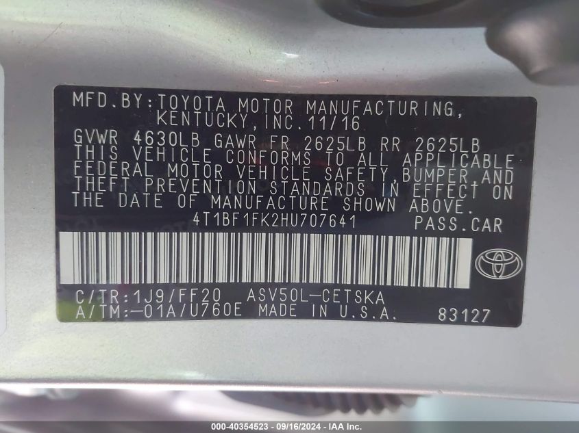 4T1BF1FK2HU707641 2017 Toyota Camry Se