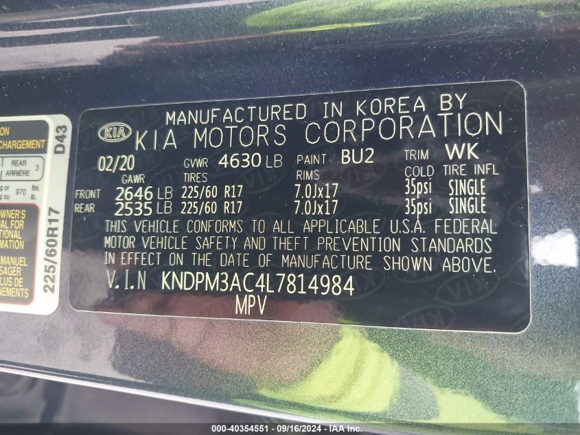 KNDPM3AC4L7814984 2020 Kia Sportage Lx