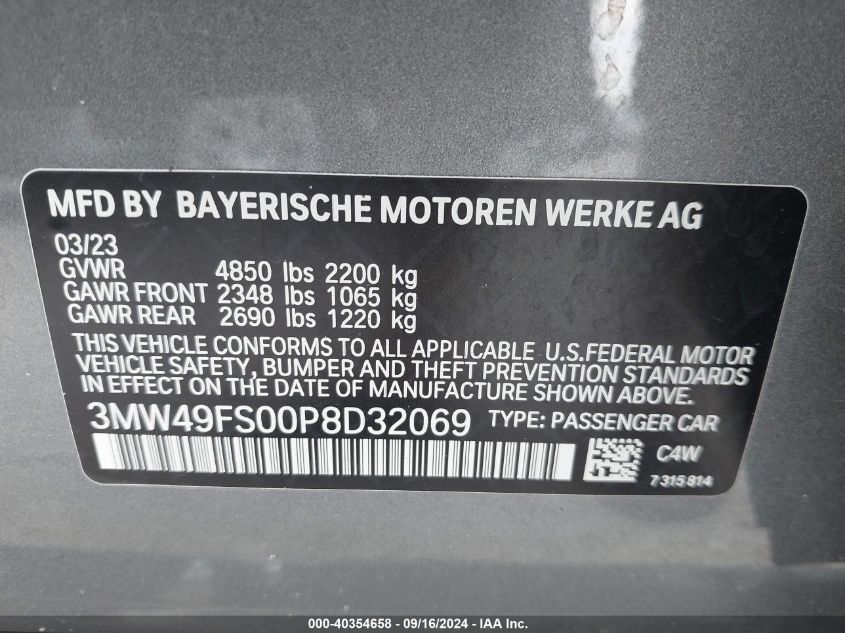 2023 BMW 3 Series M340I VIN: 3MW49FS00P8D32069 Lot: 40354658