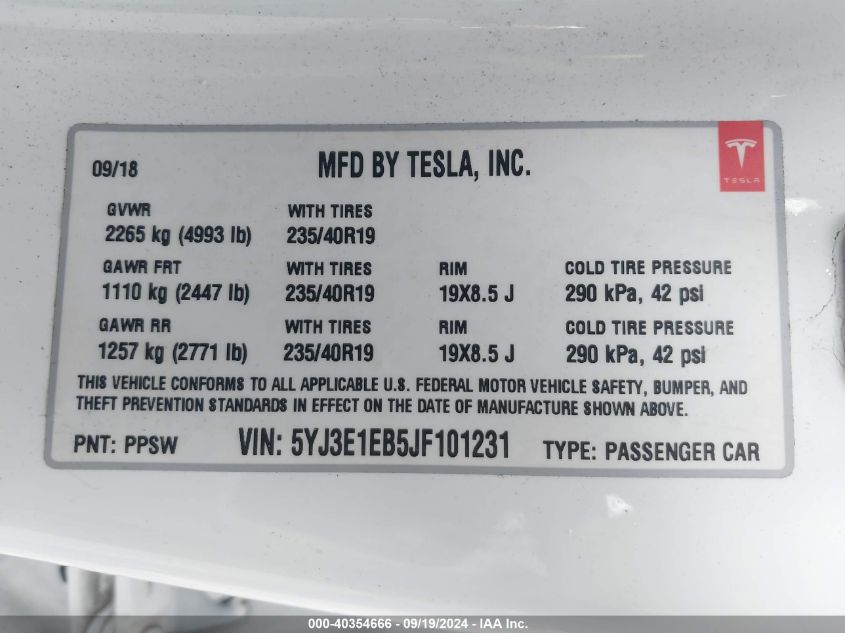 2018 TESLA MODEL 3 LONG RANGE/PERFORMANCE - 5YJ3E1EB5JF101231