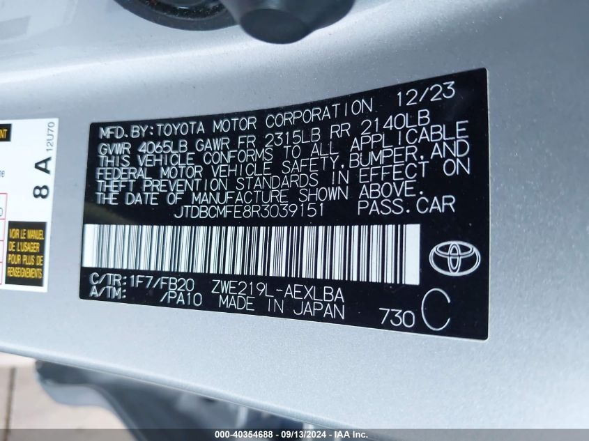 2024 Toyota Corolla Hybrid Le VIN: JTDBCMFE8R3039151 Lot: 40354688